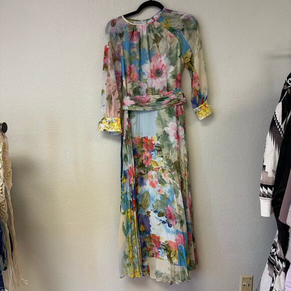 Teri Jon Rickie Freeman Patchwork Print Pleated Floral Chiffon Maxi Gown - Picture 4 of 12